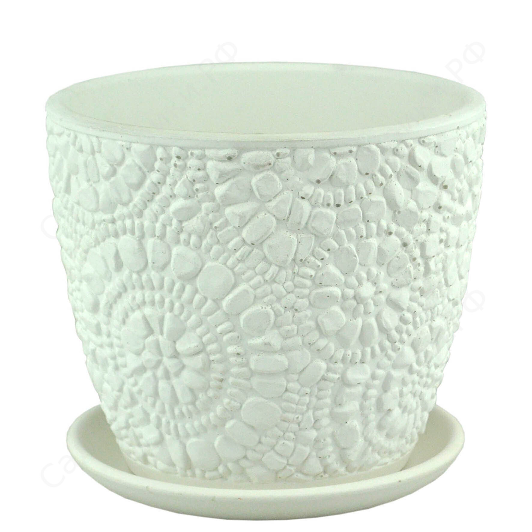 Горшок  Сады Аурики  бутон камешки белый  с поддоном  диаметр 14см