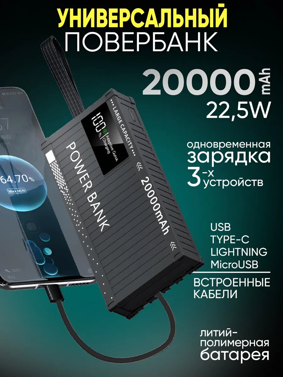 Повербанк 20000 mAh для телефона iPhone Android с проводами