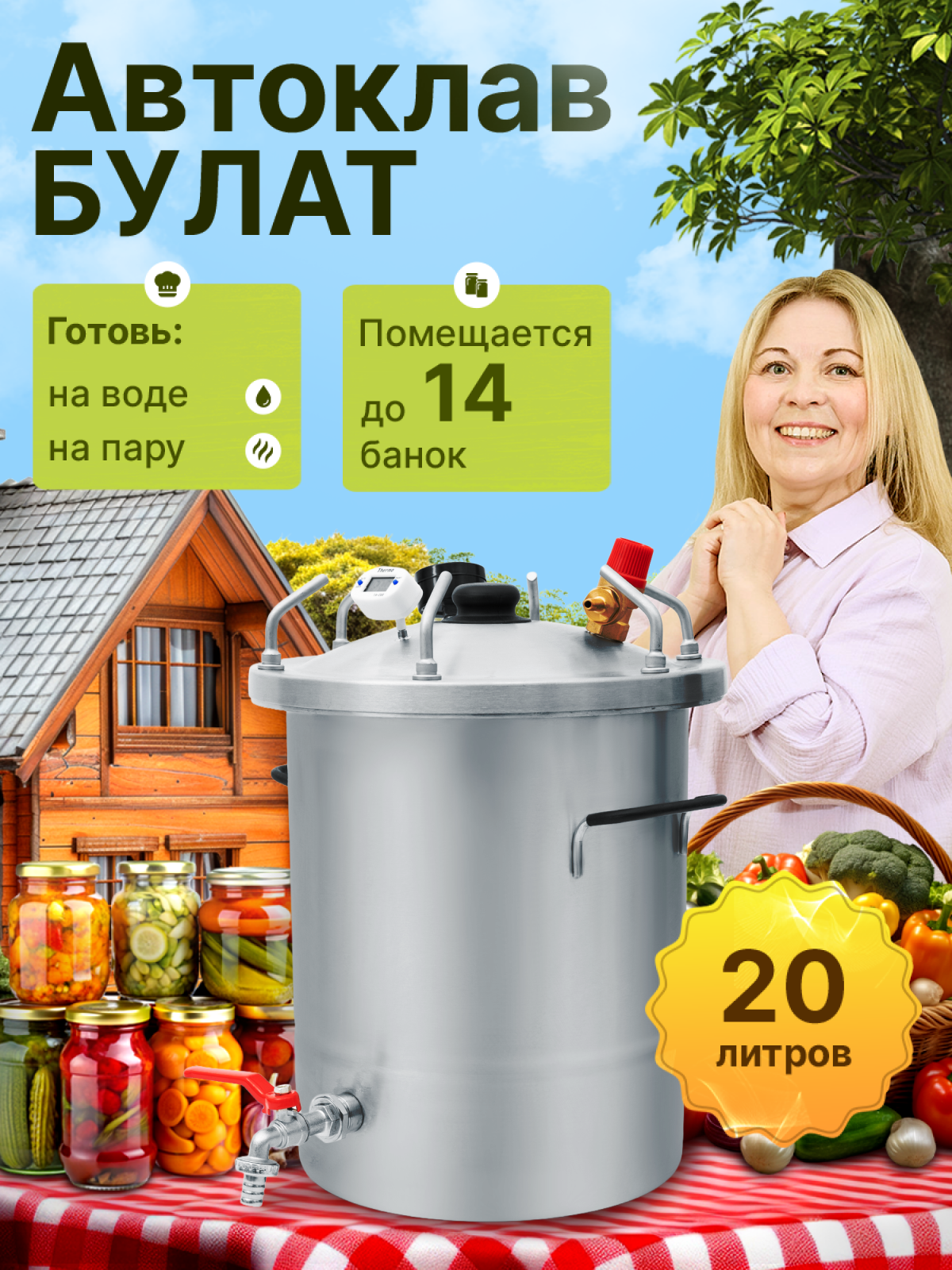 Автоклав Helicon Булат 20л, для домашнего консервирования, на пару и на воде, заготовки, приготовление