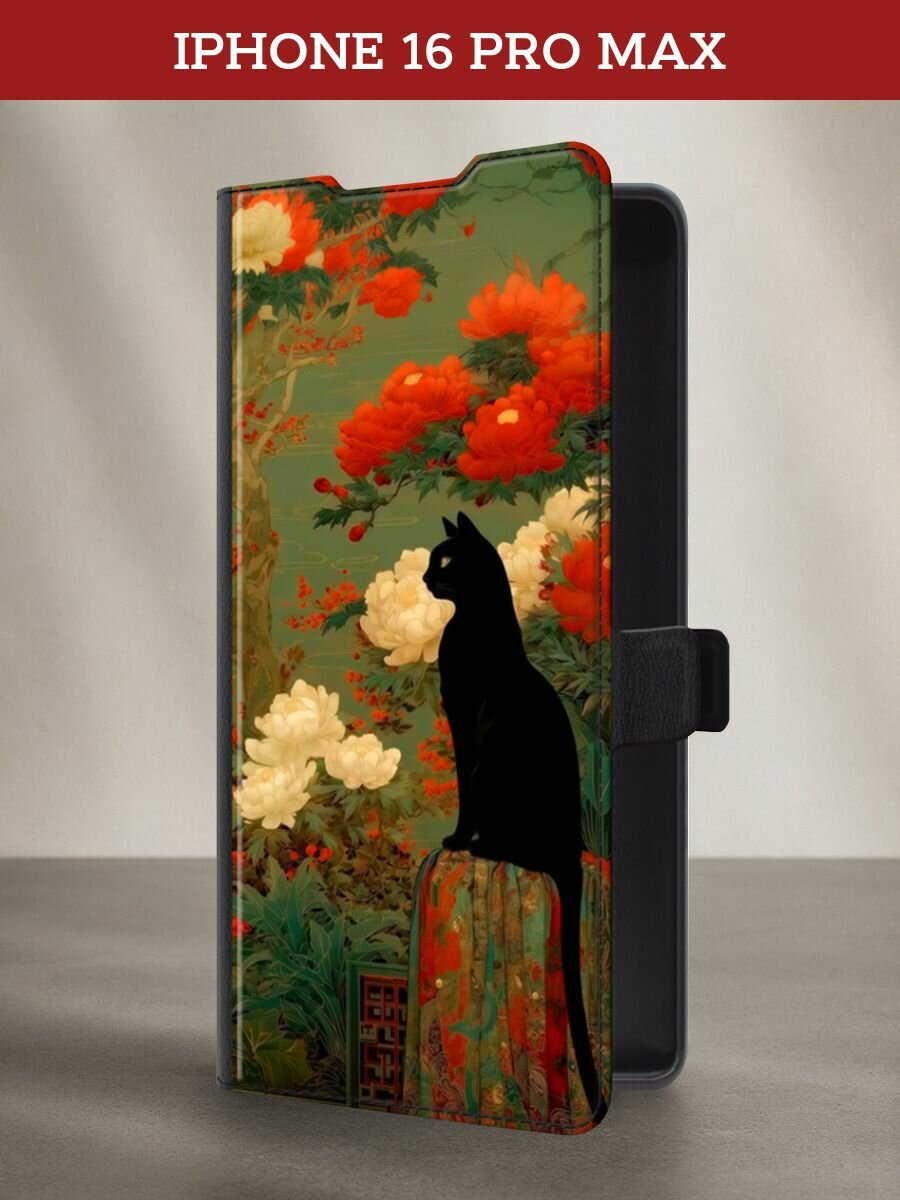 Чехол-книжка на Apple iPhone 16 Pro Max / Айфон 16 Про Макс с принтом Black cat 2, черный