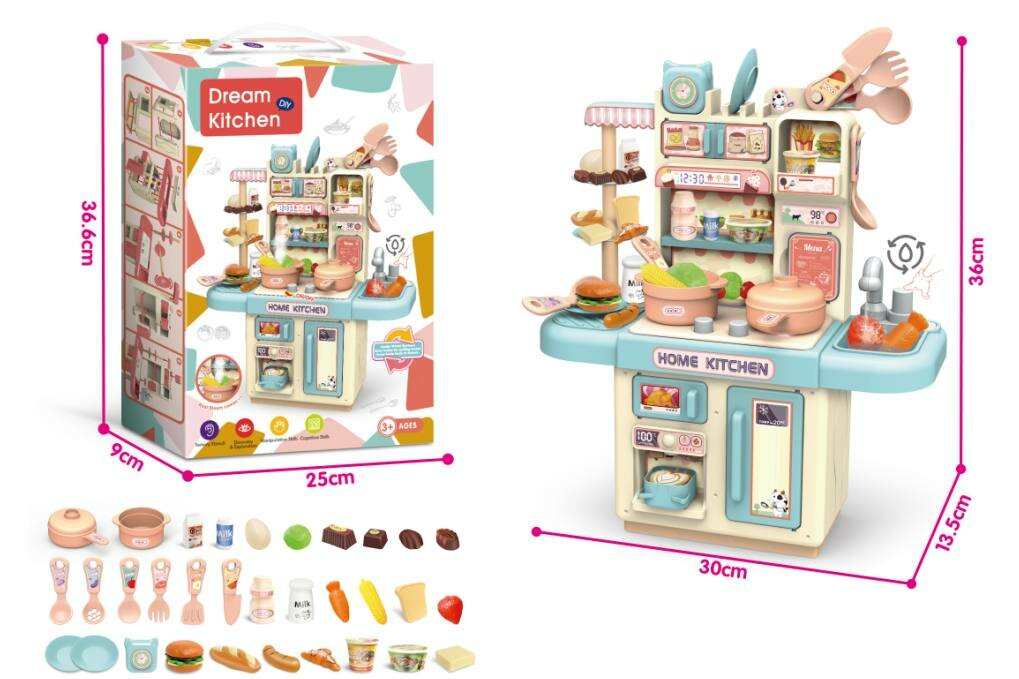 Кухня детская игровая с водой и паром WiMi, со светом и звуком, с краном, игрушечная посуда с продуктами 36T-1