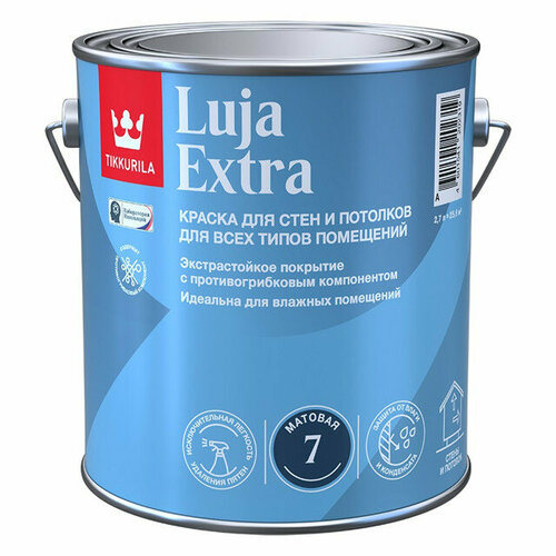 краска для стен и потолков tikkurila luja extra матовая база а белая 0 9 л Краска в/д TIKKURILA Luja Extra база A для стен и потолков 2,7л белая, арт.700014018