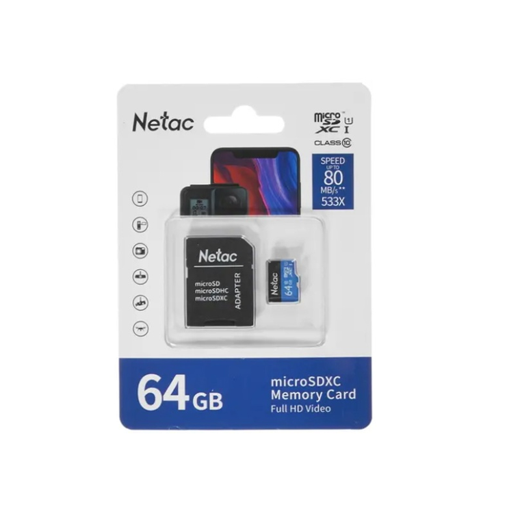 Карта памяти MicroSD 64Гб Netac NT02P500STN-064G-R