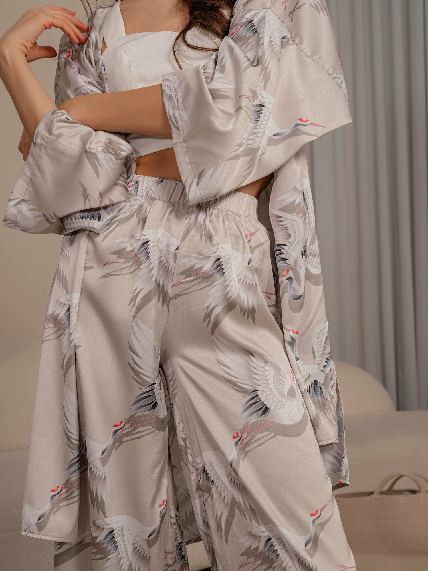 Домашний костюм-кимоно из шёлка армани в цвете BEG (M) - фотография № 8