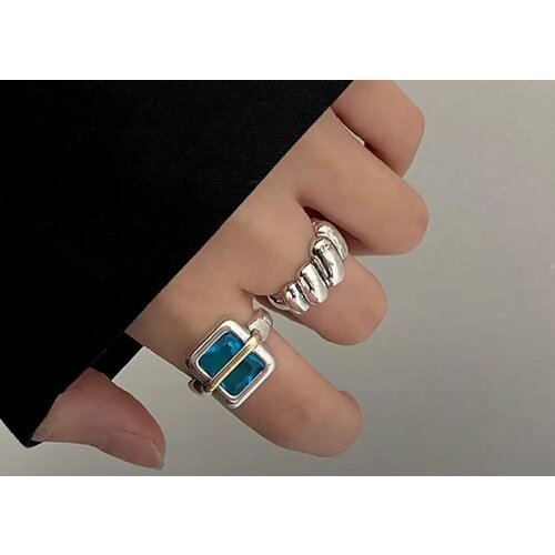 фото Набор колец, фианит, безразмерное, голубой hoksa