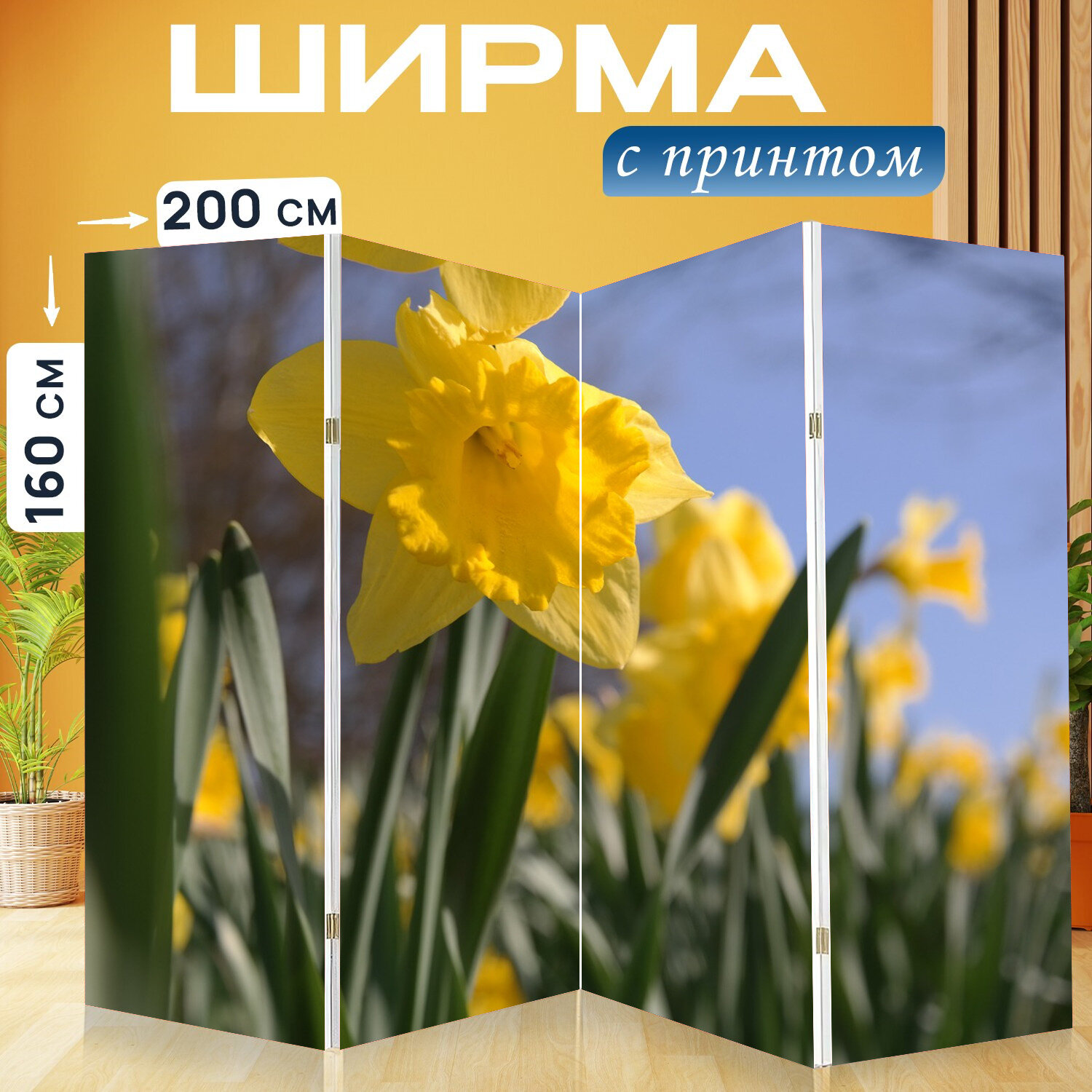 Ширма перегородка с принтом "Пасхальный колокол, желтый, цветок" на холсте - 200x160 см. для зонирования, раскладная