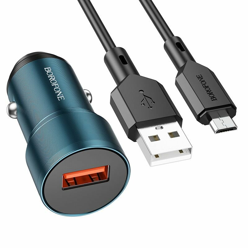 Автомобильное ЗУ Borofone BZ19A + кабель Micro USB (1USB/QC 3.0/18W) синее