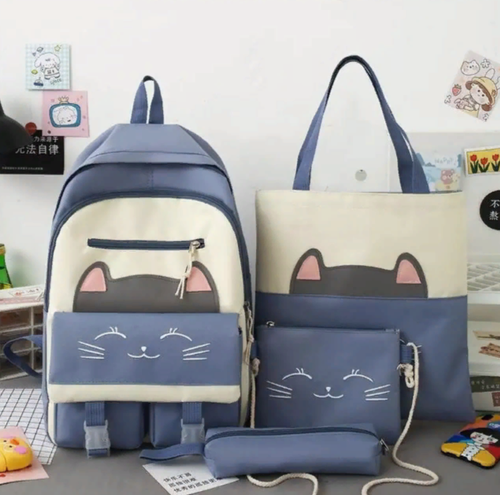 Рюкзак школьный для девочек 4в1 ранец с кошечкой, набор сумок синий рюкзак в школу