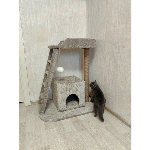 фото Домик для кошки с когтеточкой, моя котя, "дом отдыха", ковролин серо-фиолетовый, джут