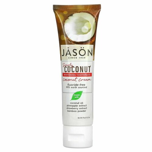 jason natural simply coconut отбеливающая зубная паста кокосовый крем 119 г 4 2 унции Jason Natural, Simply Coconut, отбеливающая зубная паста, кокосовый крем, 119 г