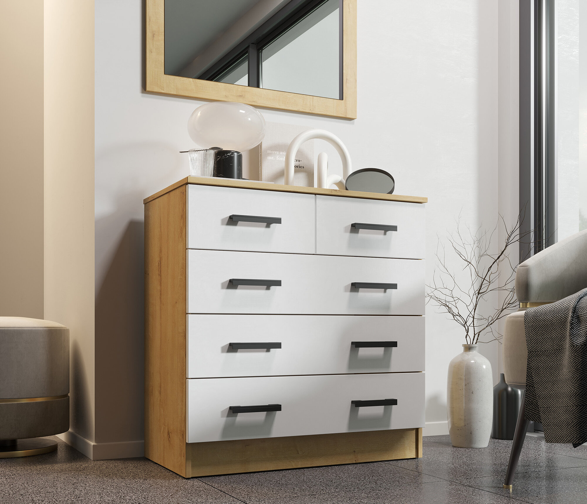 фото Комод столплит К800-3/2 с 5 ящиками, ЛДСП, Дуб Вотан-Белый гладкий, 80х44х83 см