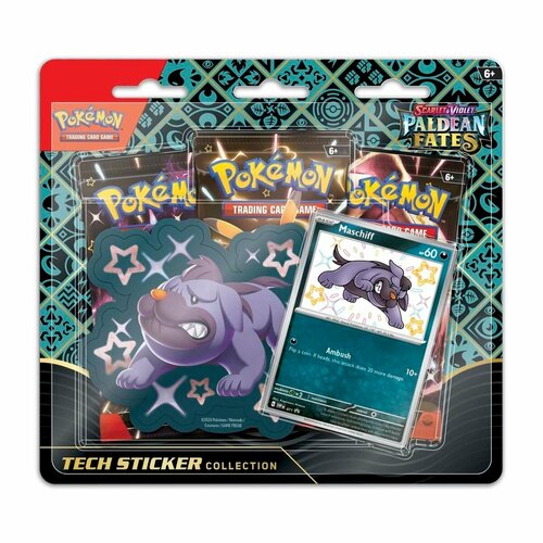 Покемон карты коллекционные: Pokemon Elite Trainer Box Scarlet & Violet Paldean Fates Tech Sticker Collection Maschiff, на английском