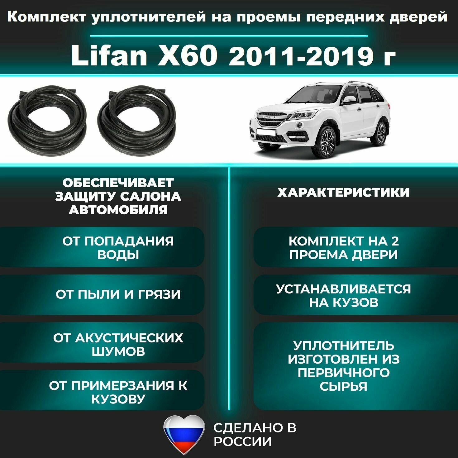 Комплект уплотнителей проема передних дверей, подходит на Lifan X60 2011-2019 г, Лифан х60 2 шт