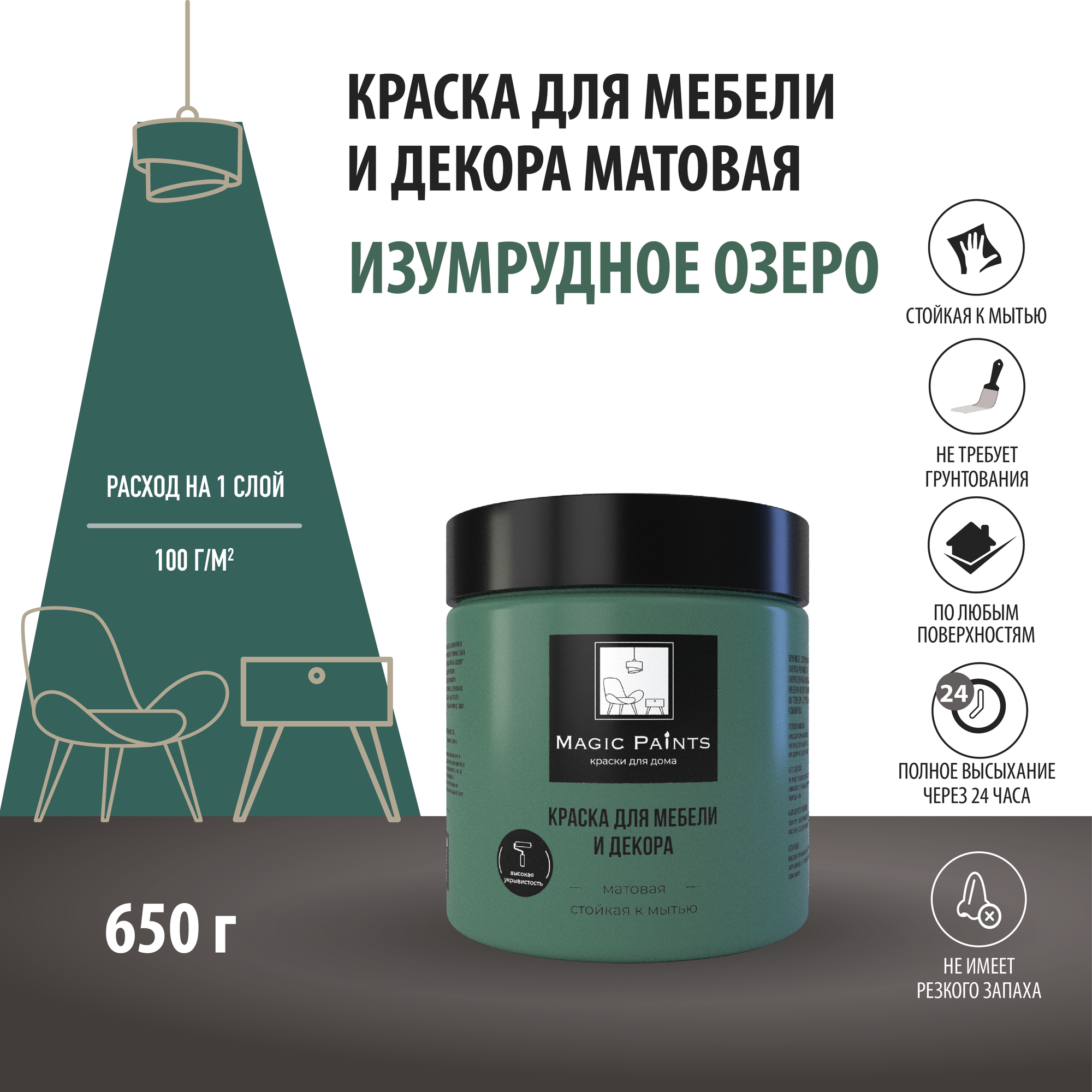 Матовая краска для мебели и декора Magic Paints без запаха для стен потолков дерева кухни кухонных фасадов дверей стекла цвет Изумрудное Озеро 0.65 кг