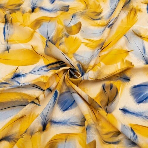 Ткань для шитья вискоза 100%, 1 Метр ткани, Штапель одежный 120 гр/м2, Отрез - 150х150 см, № 90623-4 Воздушные перья цвет желто-синий