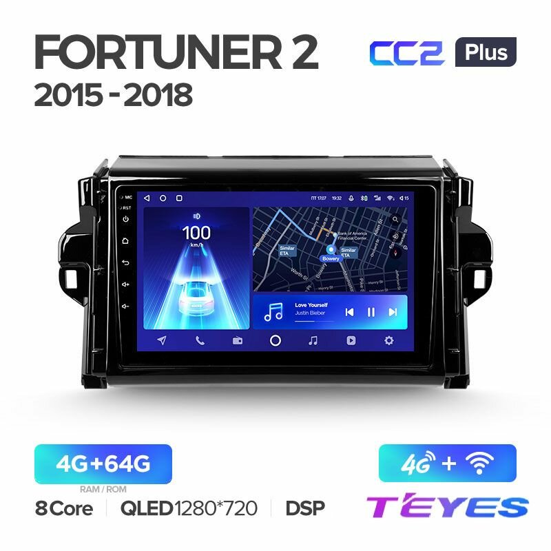 Магнитола Toyota Fortuner 2 2015-2018 Teyes CC2+ 4/64GB Тиайс, штатная магнитола, 8-ми ядерный процессор, QLED экран, DSP, 4G, Wi-Fi, 2 DIN