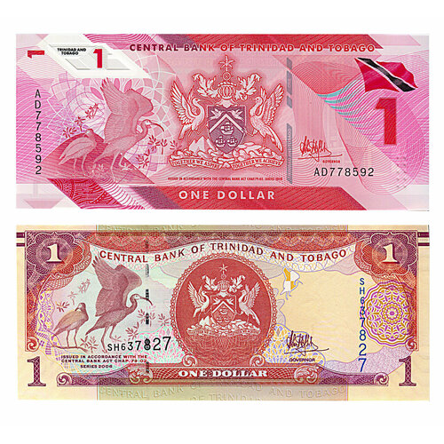 Набор банкнот Тринидад и Тобаго 1 доллар 2006 (бумага) + 1 доллар 2020 (полимер) Птицы