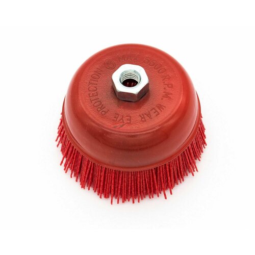 Нейлоновая щетка чашечная Д125хM14 на УПМ УШМ (болгарка) для браширования, шлифовки стен из бревна, бруса, сруба, абразивный нейлон, ворс полимер-абразив P80