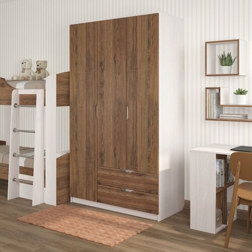 Шкаф трехдверный распашной для одежды и белья с ящиками с полками в спальню в детскую Есэндвич Лаворо правый 120x55х200 см Анкор белыйДуб Аризона 27590₽