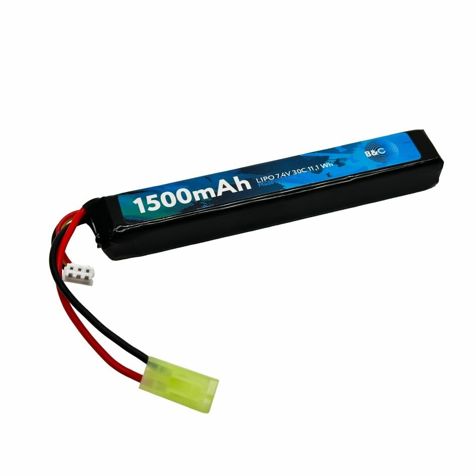 Аккумулятор для страйкбола Li-po B&C 1500 MAH 7.4V (2s) 30C, Mini Tamiya, Soft case — фото 1