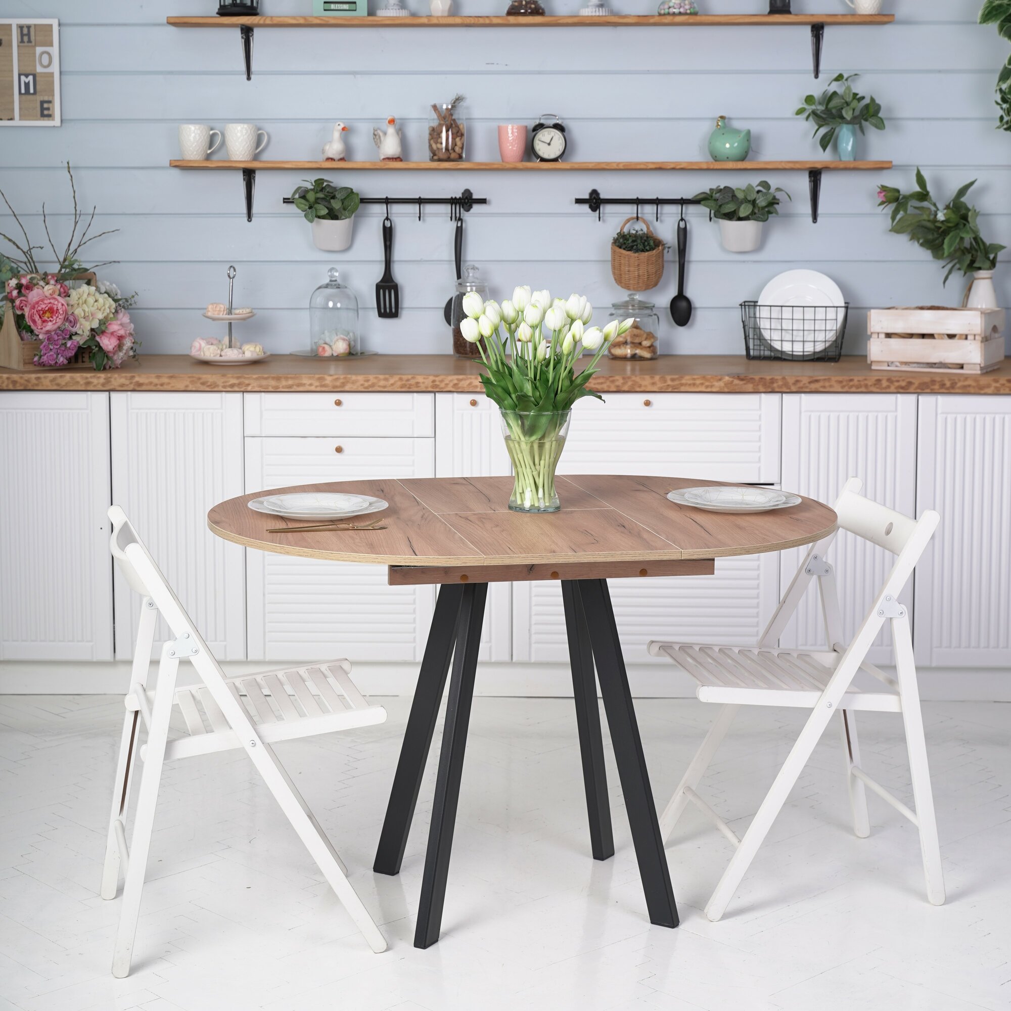 фото Стол Элип профиль кухонный обеденный круглый раздвижной, дуб сонома, 85х85/120х75 см.