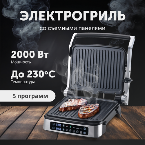 Электрический гриль с режимом барбекю 2000 Вт серебристый 232600₽