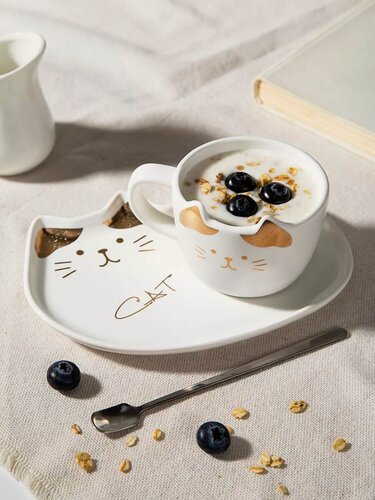 Изображение товара Чайная пара Тепло в руках, кружка с блюдцем, с котенком, 3 предмета