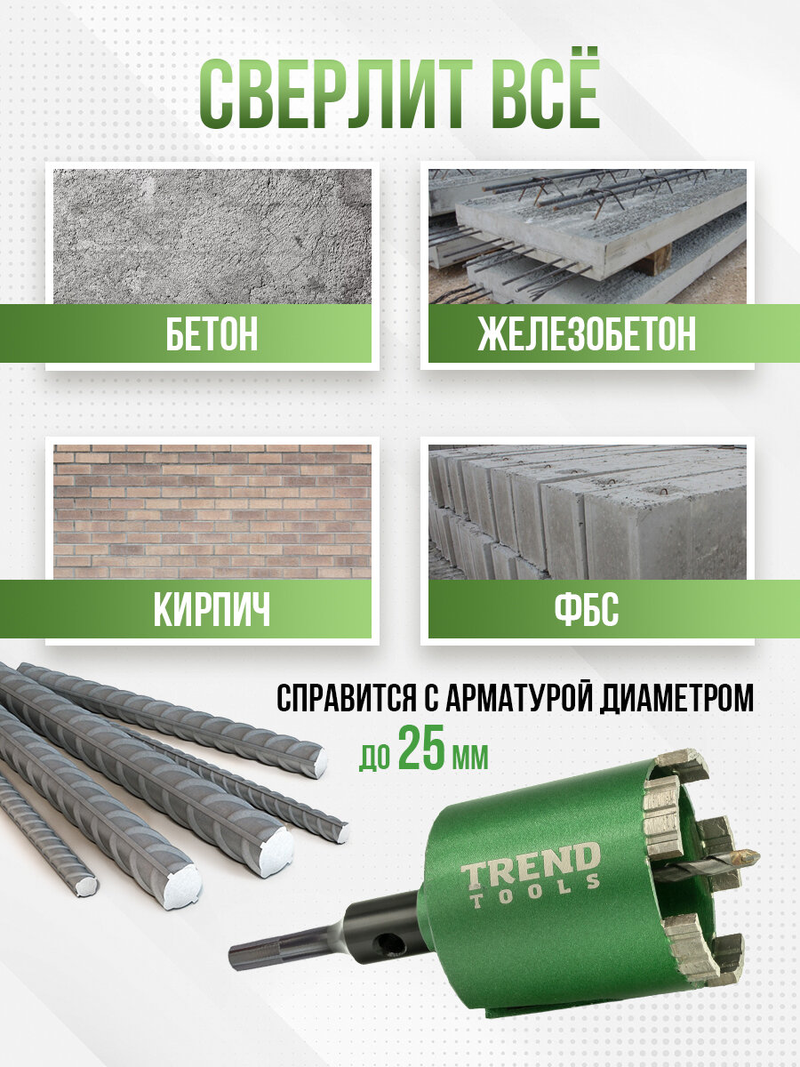 Коронка по бетону и кирпичу алмазная Trend Tools 72 мм для подрозетников, держатель Шестигранник, боковое пылеудаление — фото 1