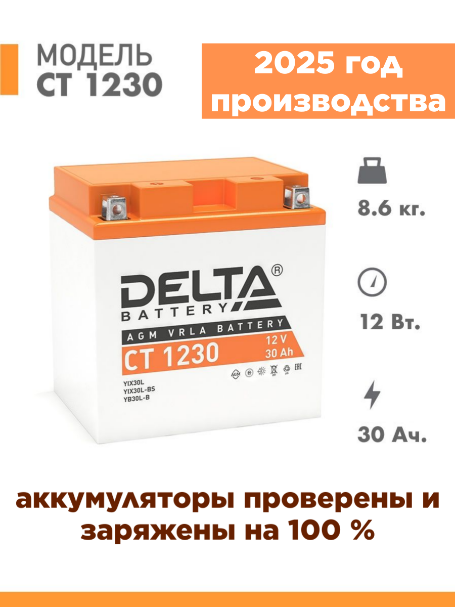 Аккумулятор для мототехники Delta CT 1230 (12V / 30Ah) (YTX30L-BS, YB30L-B, YTX30L)