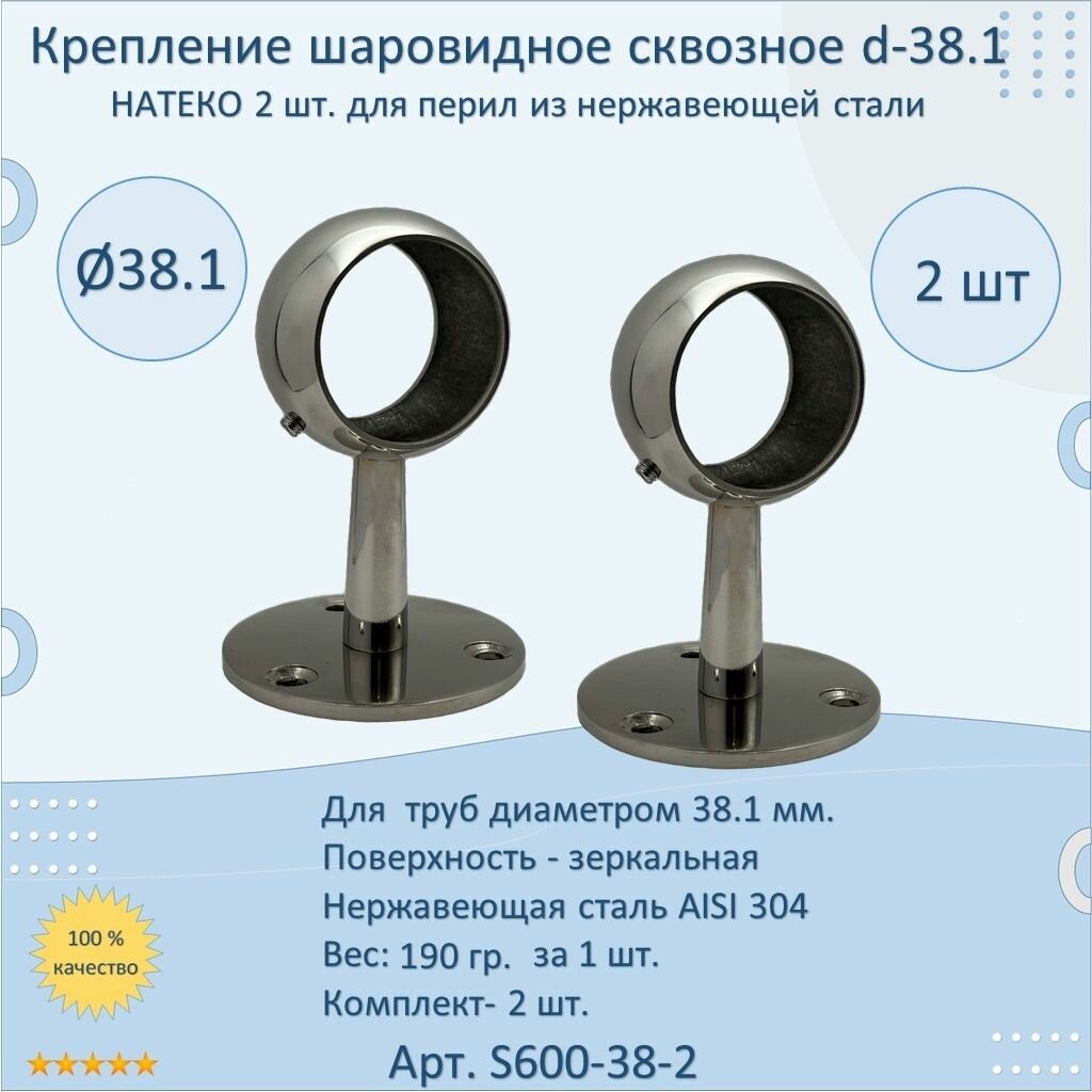 Сквозной кронштейн натеко для пристенного поручня и перил 38.1 мм. (2 шт.)