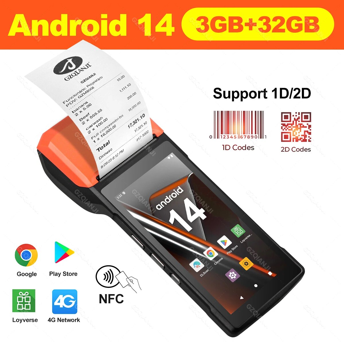 Обновленный POS-терминал 4G Android 14 с портативным термопринтером NFC, 58 мм, сканер штрих-кода 1D 2D «все в одном» для бизнеса, Standard Add 2D, EU