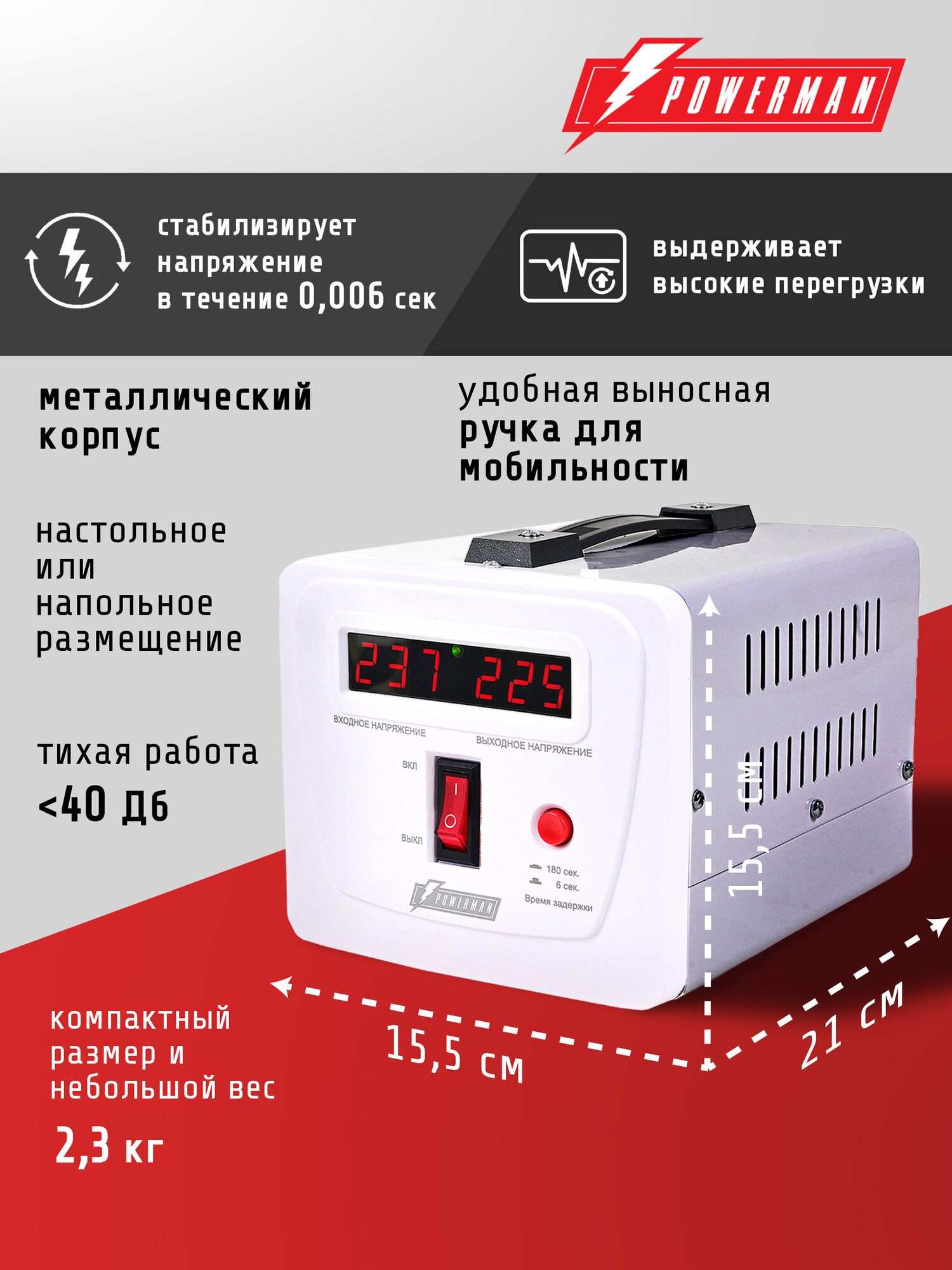 Стабилизатор напряжения POWERMAN AVS 500 E, 400 Вт, 220 В, для компьютера, телевизора и другой техники — фото 1