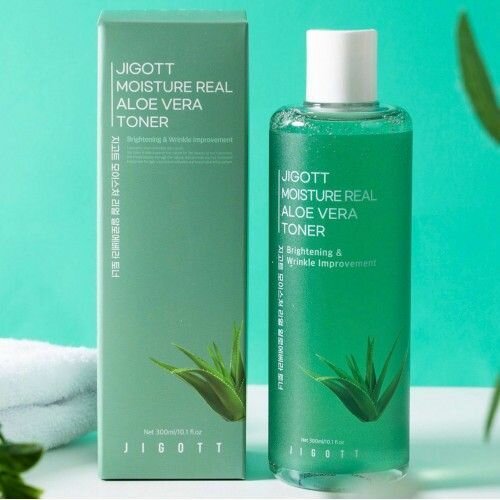 Jigott Увлажняющий тонер с экстрактом алоэ вера 300 мл Moisture Real Aloe Vera Toner / Тоник для лица / Корейская косметика для лица