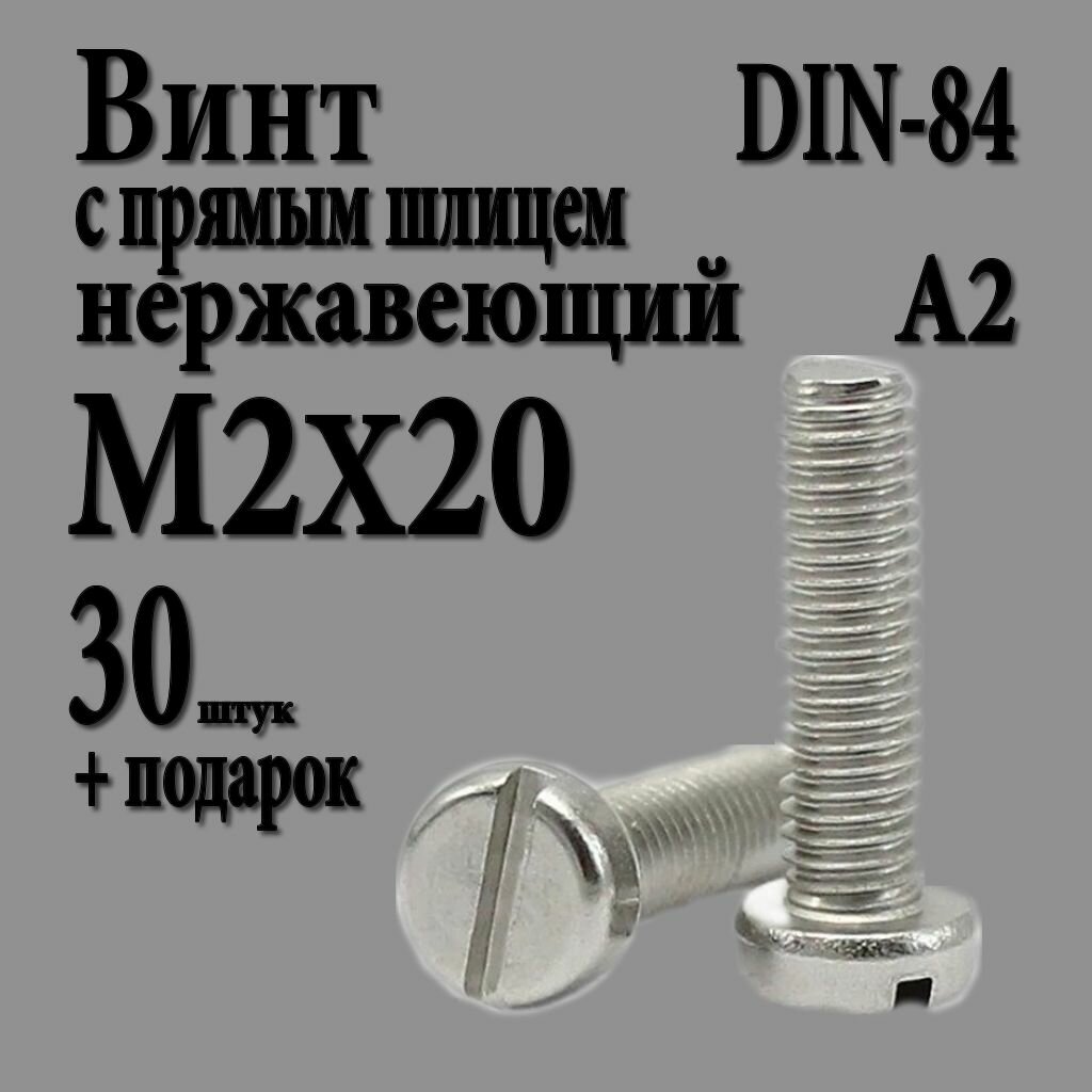 Винт с цилиндрической головкой и прямым шлицем М2Х20 (M2X20 шаг 0.4) DIN 84 нержавеющий А2 30 шт.