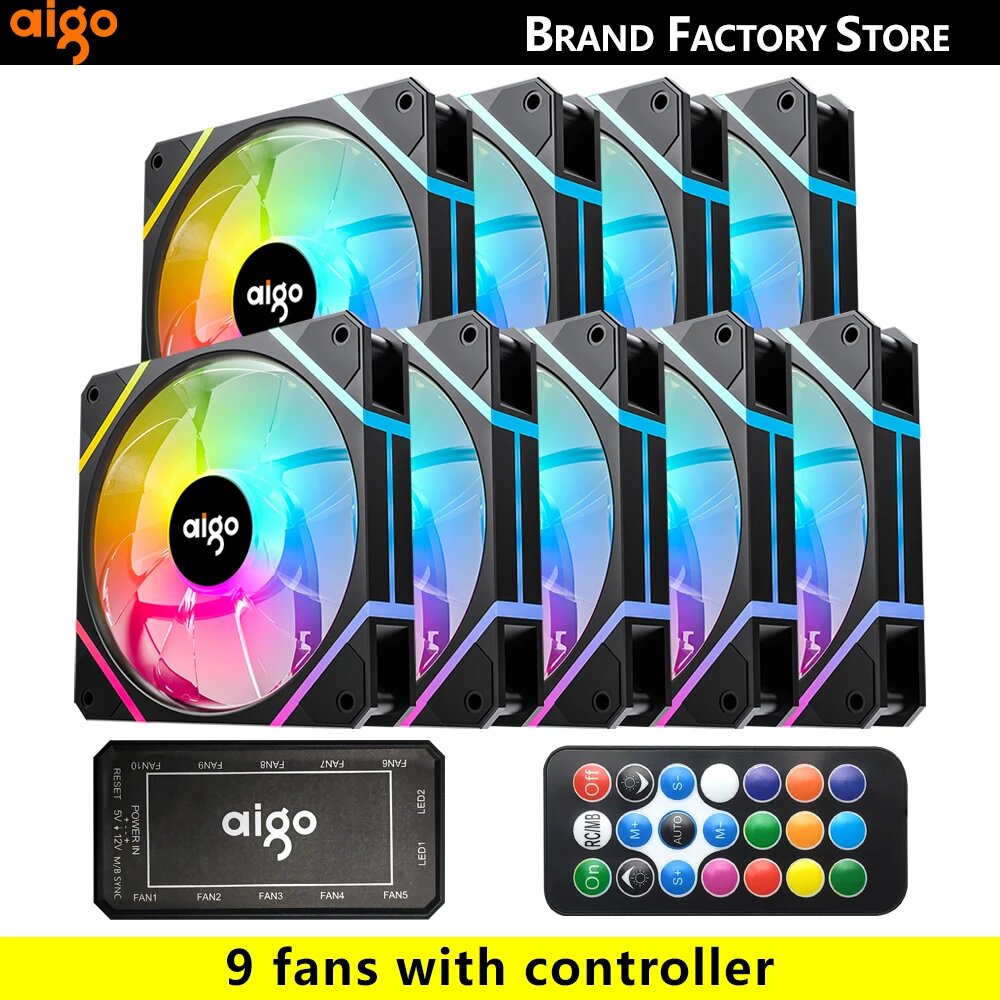 Aigo AM12 Rgb вентилятор Ventoinha PC Controladora 120 мм Комплект вентиляторов для корпуса компьютера 6-контактный кулер для воды Вентиляторы охлаждения процессора Argb 12 см Ventilador, black 9IN1 KIT, A-RGB, white