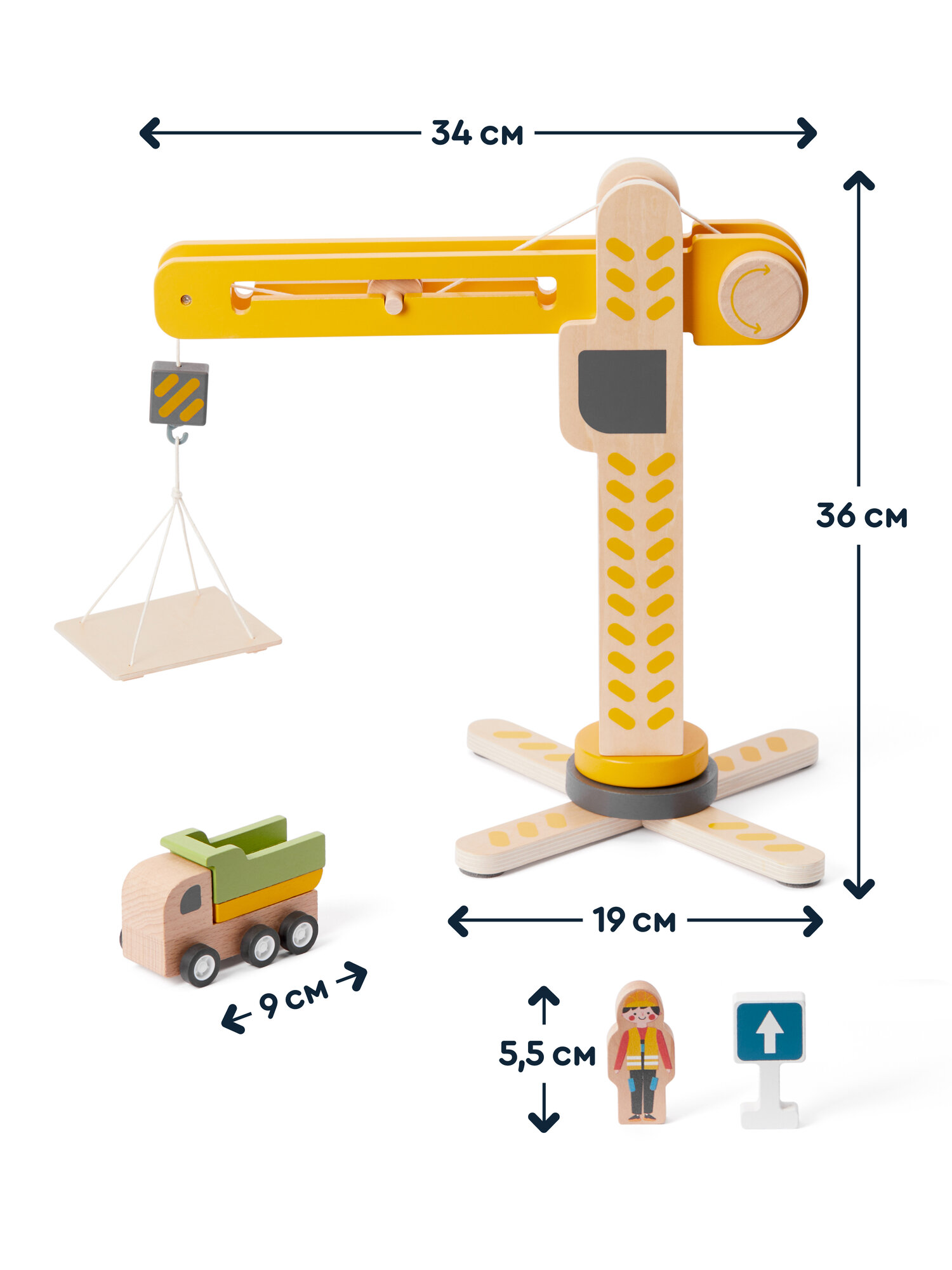 Деревянный игровой набор JUNION Стройплощадка "Кран-Паркс" с подъёмным, строительным краном и машинками, 18 предметов, подвижные элементы