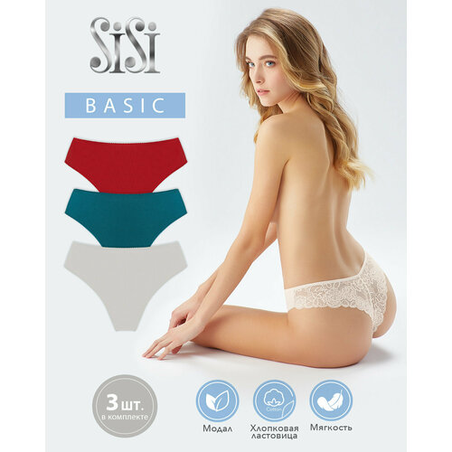 фото Трусы sisi, 3 шт., размер 52 (2xl), бежевый, красный, бирюзовый
