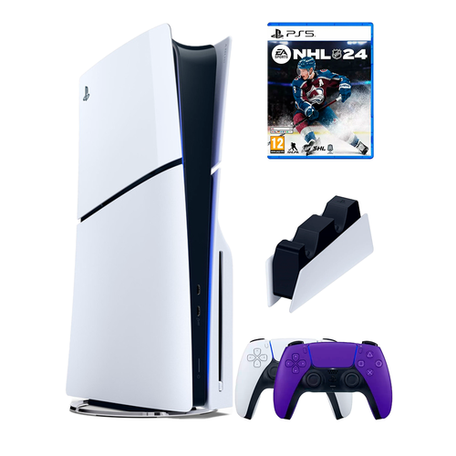 PS5 (ПС5) Игровая приставка Sony PlayStation 5 Slim disc + 2-й геймпад(фиолетовый) + зарядное +игра NHL24