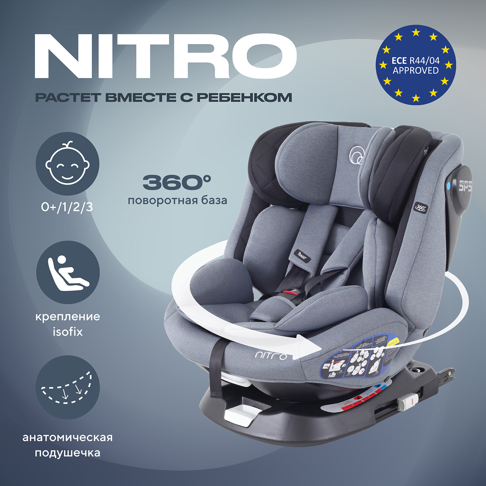 Автокресло Rant Nitro isofix UB619 группа 0+/1/2/3 от 0 до 12 лет вес 0-36 кг рост 40-145 см, Grey/Black