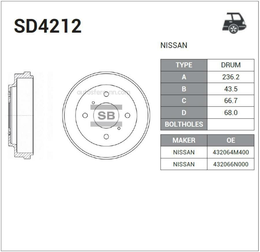 SANGSIN BRAKE SD4212 Барабан тормозной NISSAN ALMERA (N16) 1.5 00- SD4212