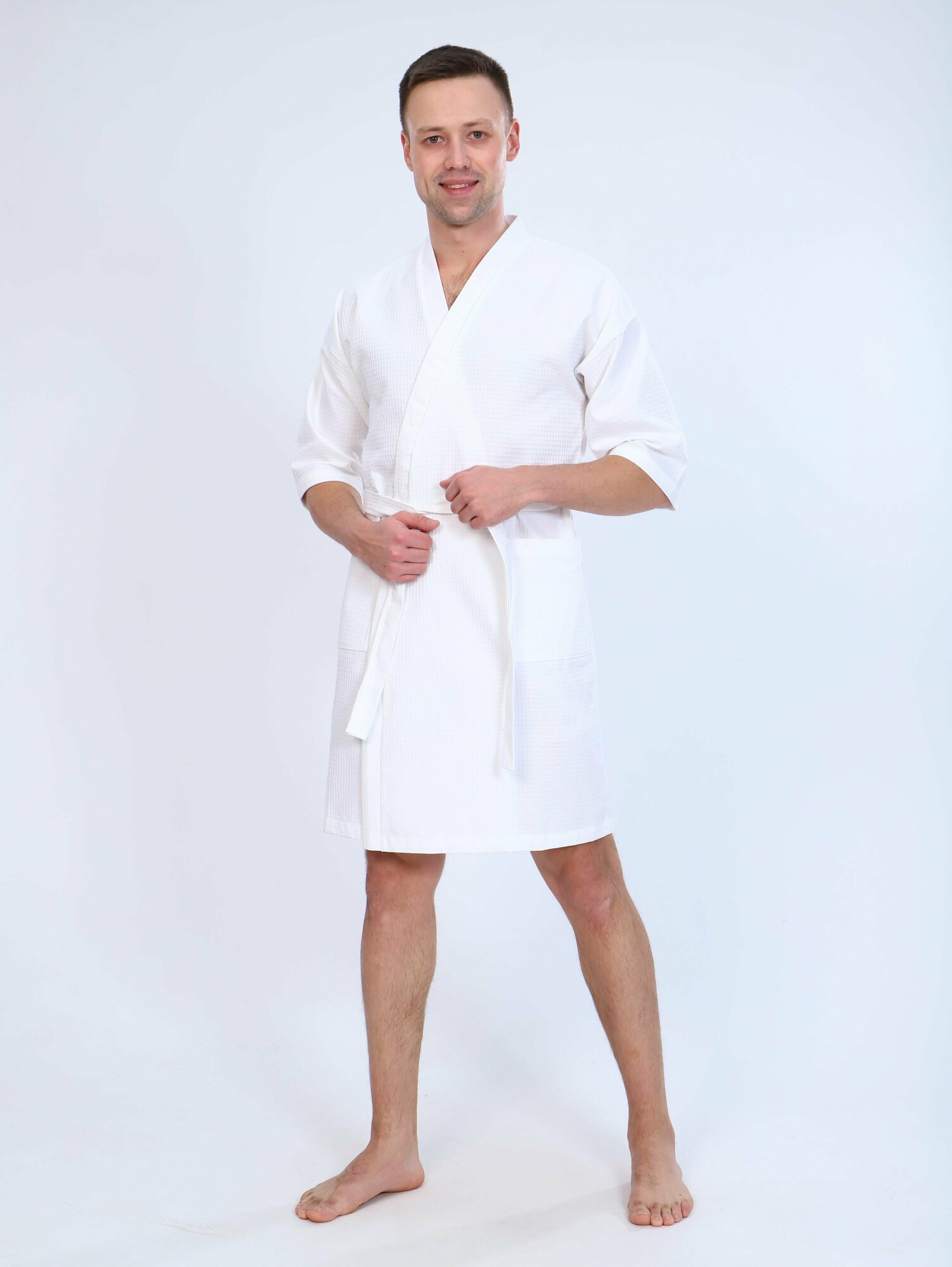 Халат мужской банный домашний вафельный, цвет белый, размер 48 - фотография № 2