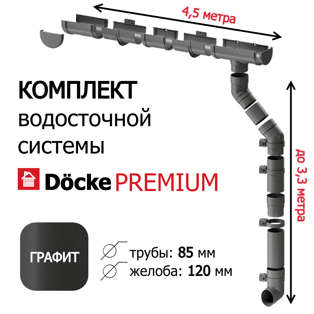 Водосточная система, Docke Premium, 4,5м/3,3м, RAL 7024, цвет графит, водосток на крышу дома пвх.