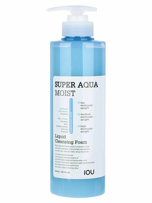 Пенка для лица увлажняющая с дозатором IOU Super Aqua Moist Liquid Cleansing Foam, 500 мл, WELCOS