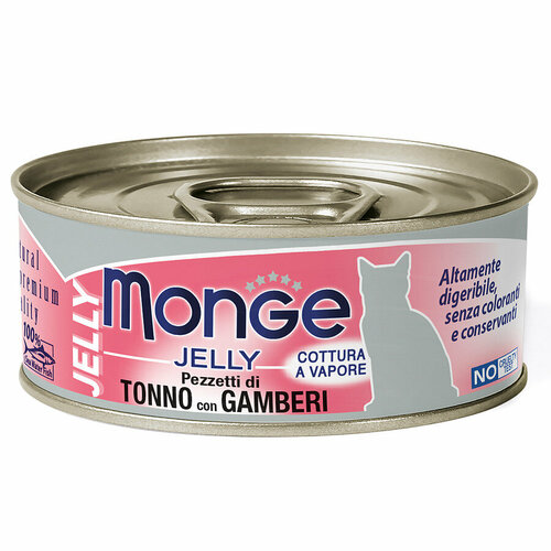 Влажный корм Monge jelly Adult cat для взрослых кошек с желтоперым тунцом и креветками, консервы 80 г, 12 шт Monge 8009470007023