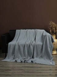Плед 180х220, вязаный, KING PLAID, серый, хлопок, покрывало на кровать, на диван, на кресло, в подарочной сумке