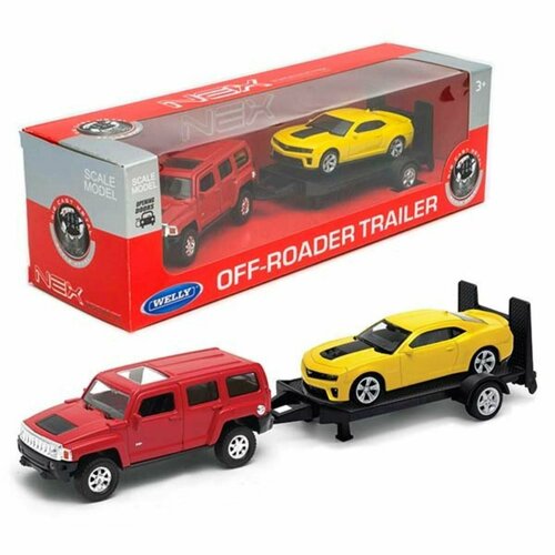 Набор машин WELLY 1:38, Hummer H3, Chevrolet Camaro ZL1, с прицепом, 2 шт. набор машин welly hummer h3 chevrolet camaro zl1 43629f 2 1 32 13 см красный желтый черный