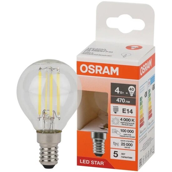 Светодиодная лампа Ledvance-osram Osram LED STAR CL P40 4W/840 220-240V FIL CL E14 470lm