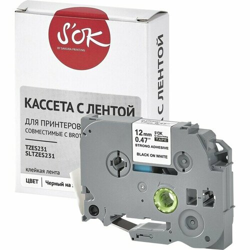 Кассета с лентой SOK TZES231 для Brother, черный на белом, 12мм/8м кассета с лентой s ok by sakura printing hse 231 для brother черный на белом 12мм 8м наклейка