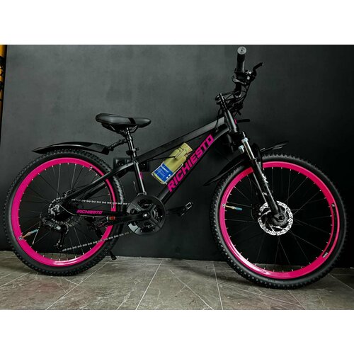 Велосипед RICHIESTO 24 Алюминиевая рама 14 Горный Для детей и подростков Для девочек Спортивный розовыйчерный 2399000₽