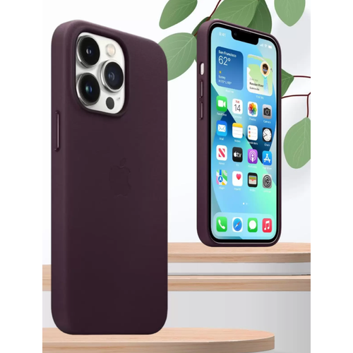Чехол-накладка кожаный Leather Case с MagSafe на iPhone 15 - бордовый